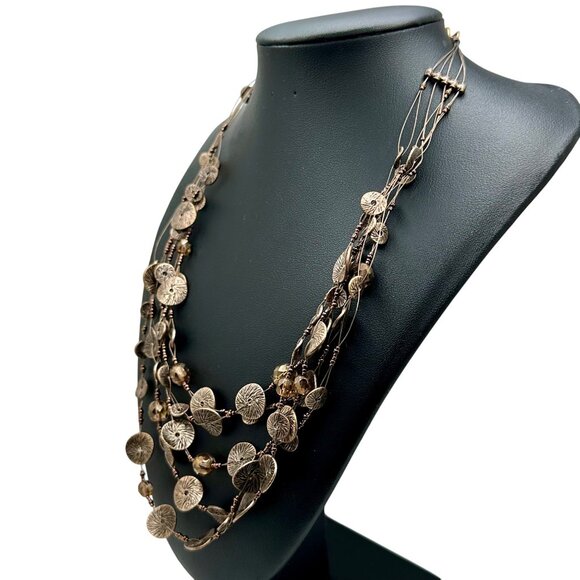 Chico's Necklace 5 Strands Round Copper Colored Beads Clear Gold Tone Beads 20" - Picture 4 of 10